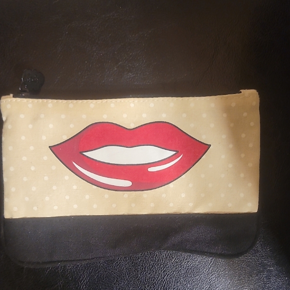 Ipsy Handbags - ipsy Beige Polka Dot Cosmetic Pouch with Red Lip Graphic